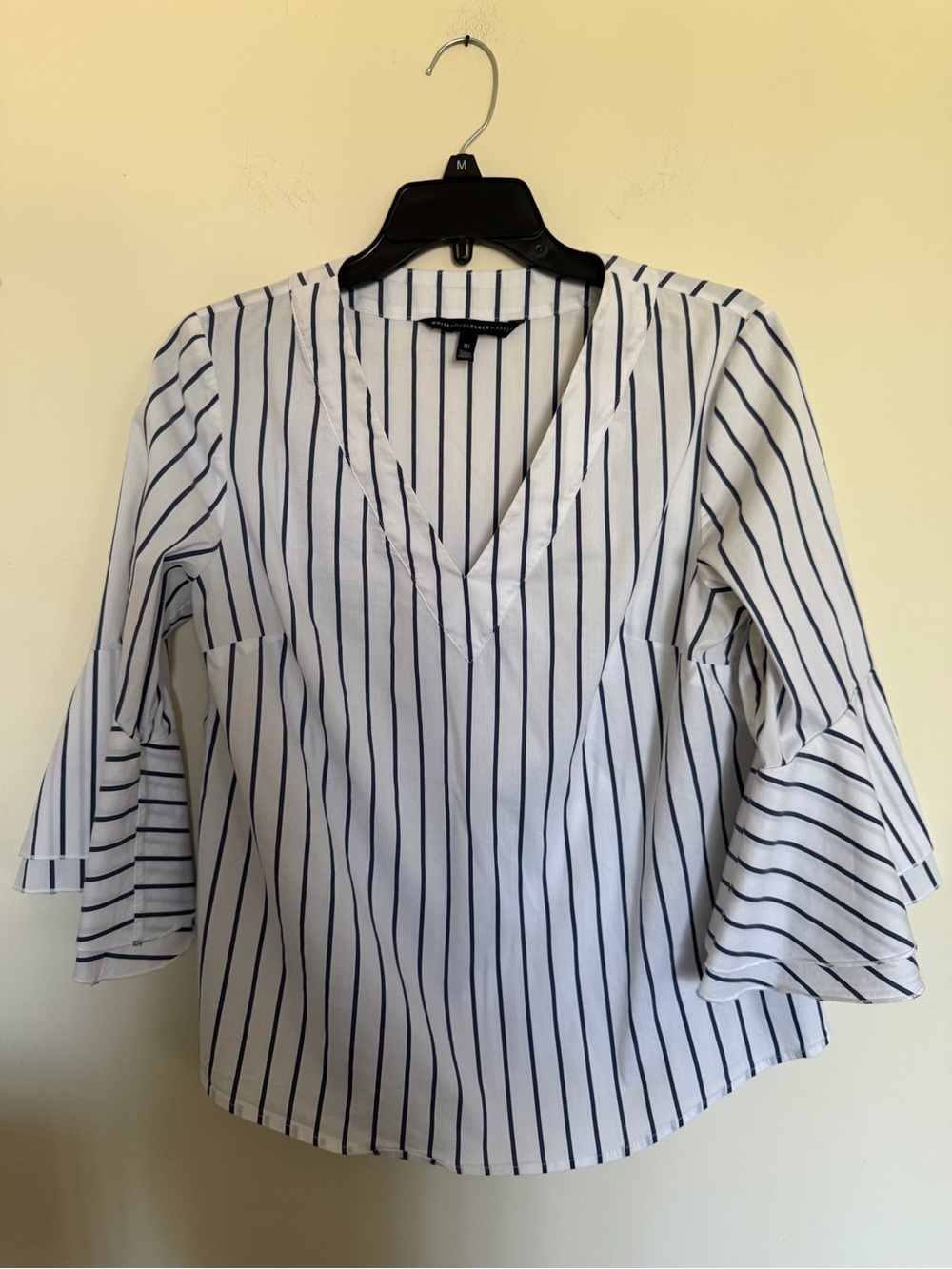 White House Black Market White Navy Vertical-Stripe V-Neck Bell-Sleeve Top